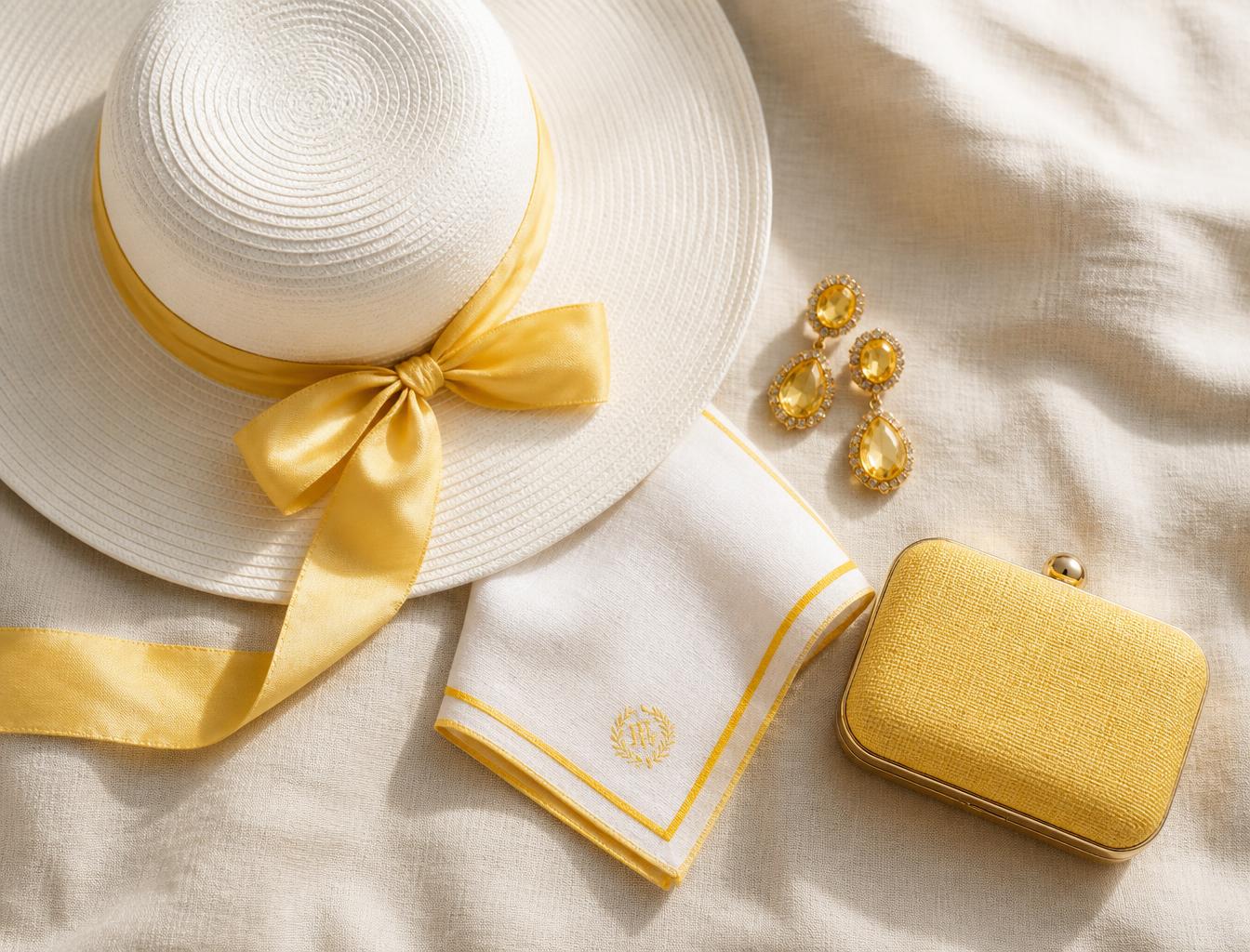 Flat lay of white party accessories: white hat with yellow ribbon, yellow earrings, yellow clutch and a white pocket square with yellow trim