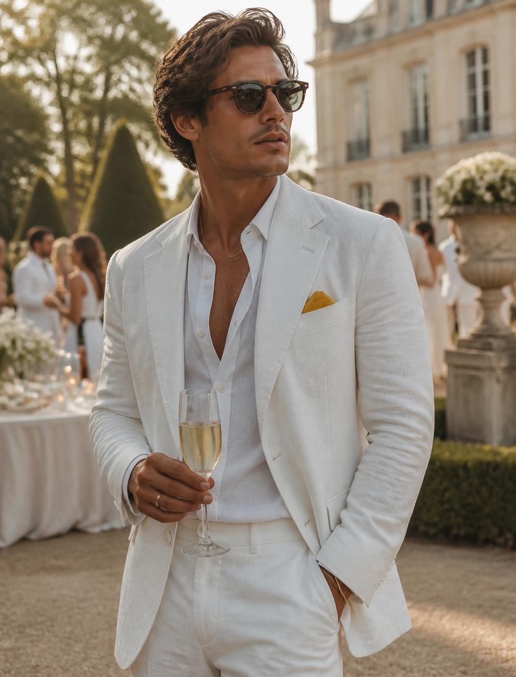 Man in a white linen suit with a yellow pocket square and a champagne glass