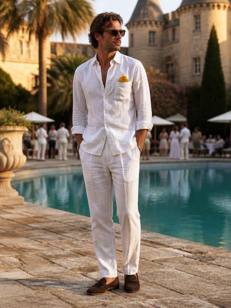 Man in a white linen suit with a yellow pocket square, by the château pool