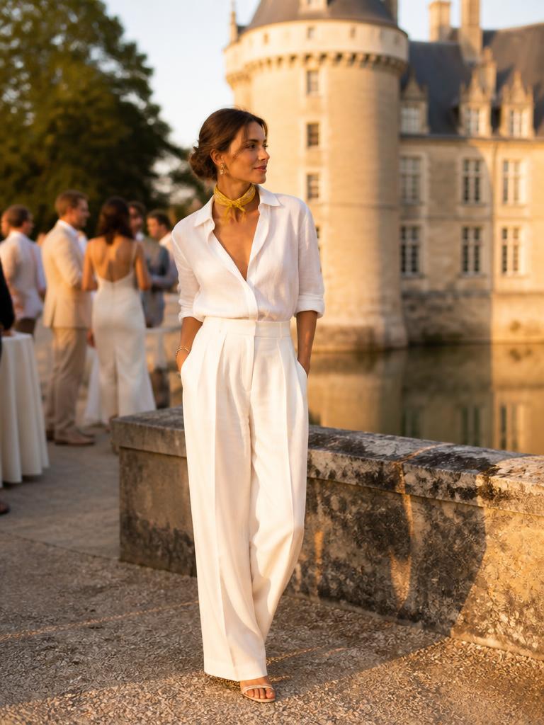 Woman in an all-white linen outfit with a yellow scarf, with the château in the background
